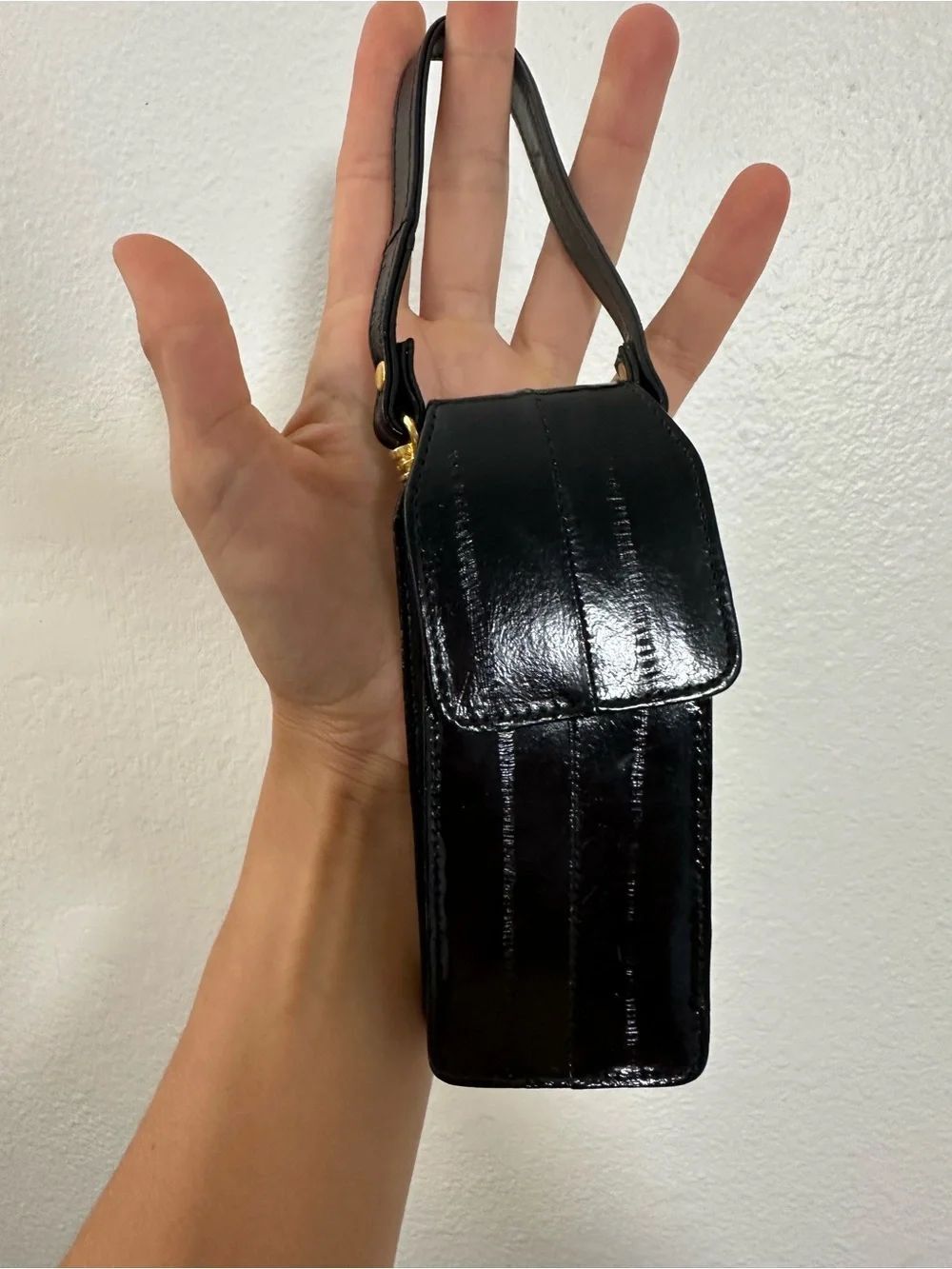 Vintage Genuine Eel Skin Sleek Black Patent Mini Belt Pouch Bag Charm